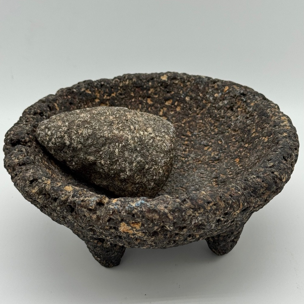 Vintage Mexican Volcanic Lava Rock Molcajete Mortar Pestle Tejolote Set 7" Bowl